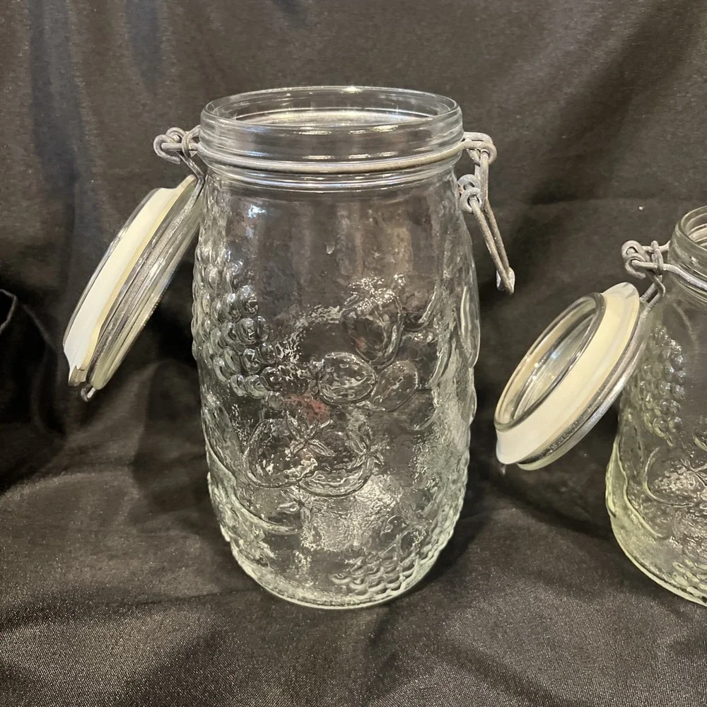 Wheaton 1.5‎ L & 1 L  Jars Canister Fruit Embossed Clear Glass Wire Clasp Seal